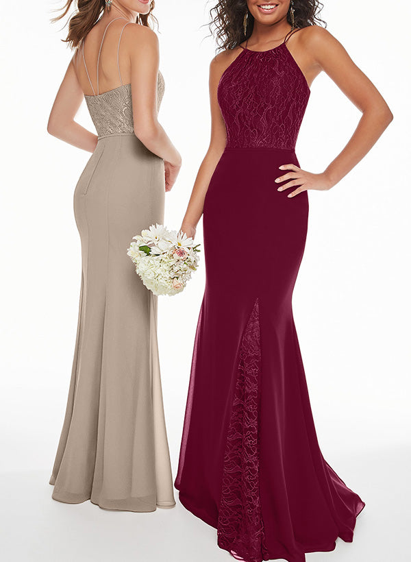 Sleeveless Chiffon Bridesmaid Dresses With Lace Trumpet/Mermaid Style Scoop Neck