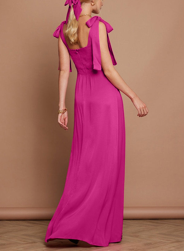 Square Neckline Silk Like Satin Bridesmaid Dresses With Bows