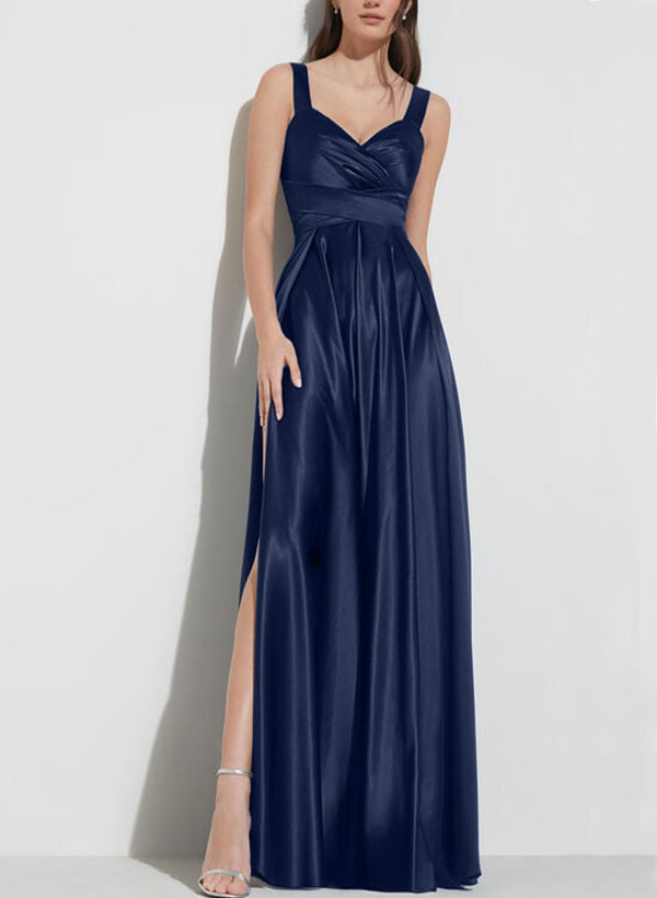 A-Line V-Neck Sleeveless Bridesmaid Dresses in Silk Like Satin with Bows