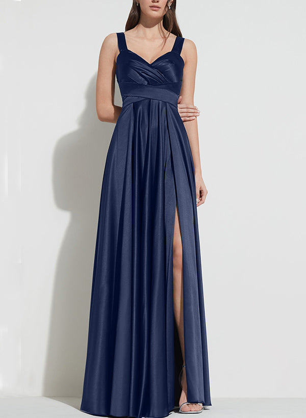 A-Line V-Neck Sleeveless Bridesmaid Dresses in Silk Like Satin with Bows