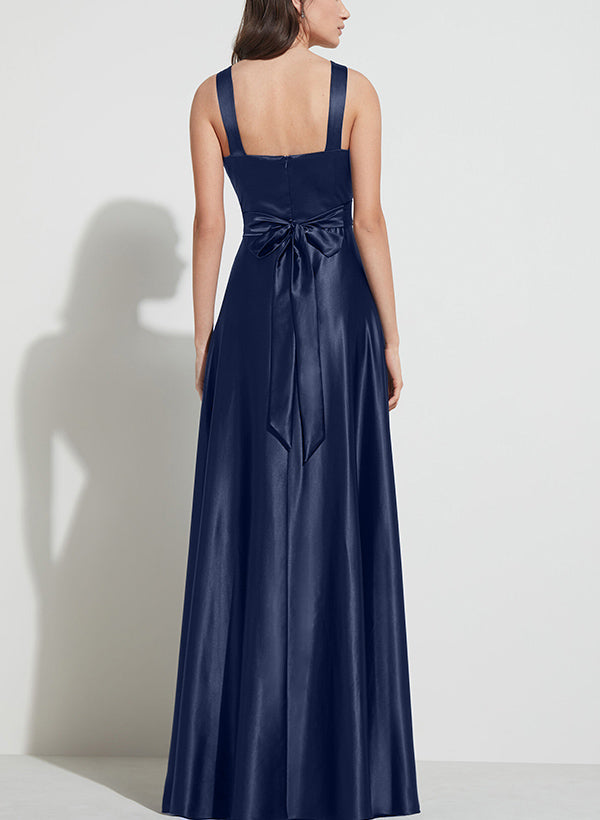 A-Line V-Neck Sleeveless Bridesmaid Dresses in Silk Like Satin with Bows