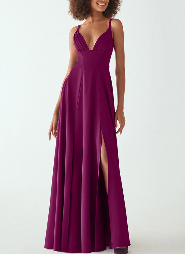 A-Line V-Neck Sleeveless Elastic Satin Bridesmaid Dresses With Front Split