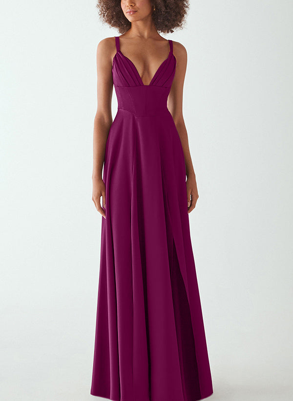 A-Line V-Neck Sleeveless Elastic Satin Bridesmaid Dresses With Front Split