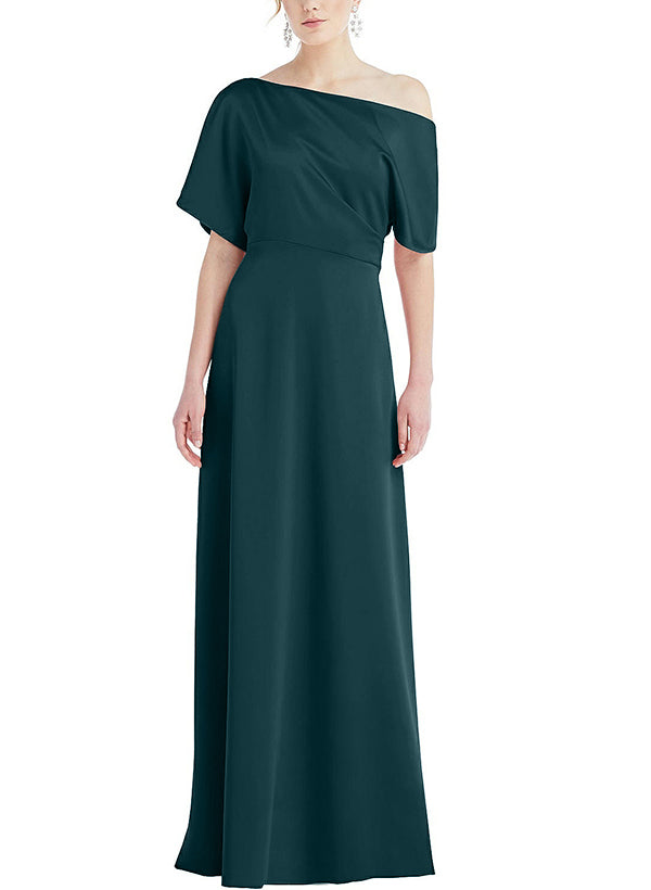 One-Shoulder A-Line Bridesmaid Dresses in Silk Like Satin with Short Sleeves