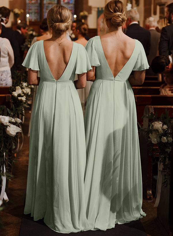 Chiffon Bridesmaid Dresses With V-Neck and Short Sleeves