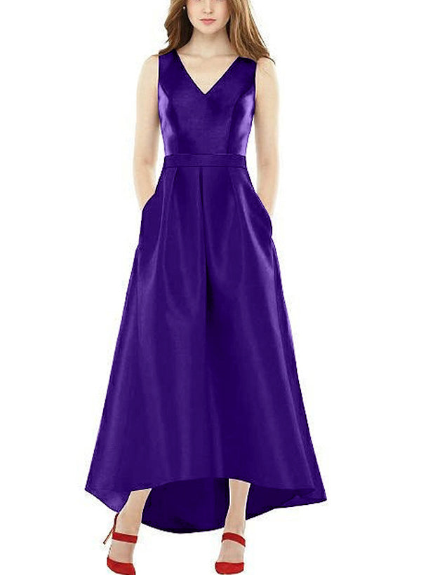 Satin V-Neck Sleeveless A-Line Ankle-Length Bridesmaid Dresses