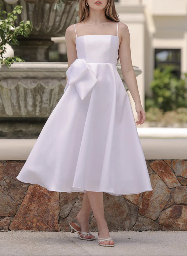 Square Neckline Sleeveless Tea-Length Satin Bridesmaid Dresses With Bows