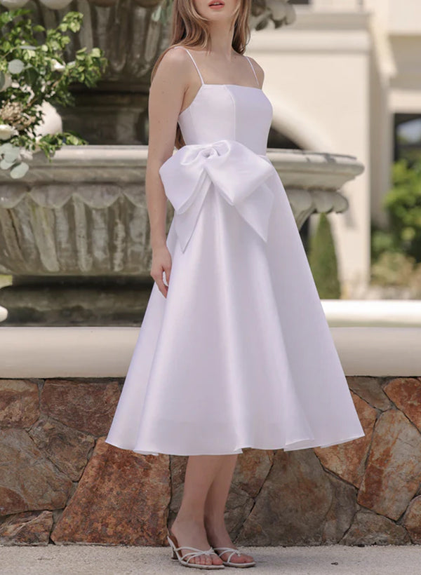 Square Neckline Sleeveless Tea-Length Satin Bridesmaid Dresses With Bows