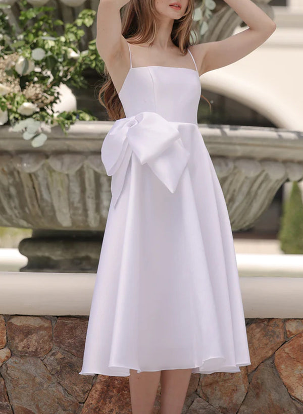 Square Neckline Sleeveless Tea-Length Satin Bridesmaid Dresses With Bows