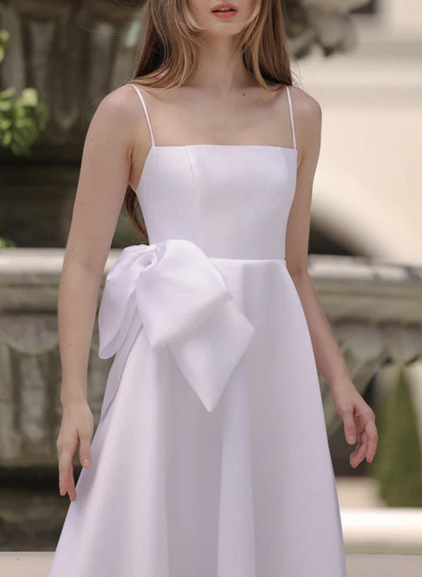 Square Neckline Sleeveless Tea-Length Satin Bridesmaid Dresses With Bows