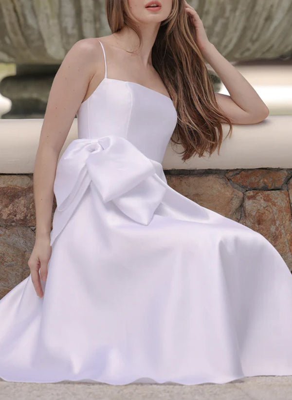 Square Neckline Sleeveless Tea-Length Satin Bridesmaid Dresses With Bows