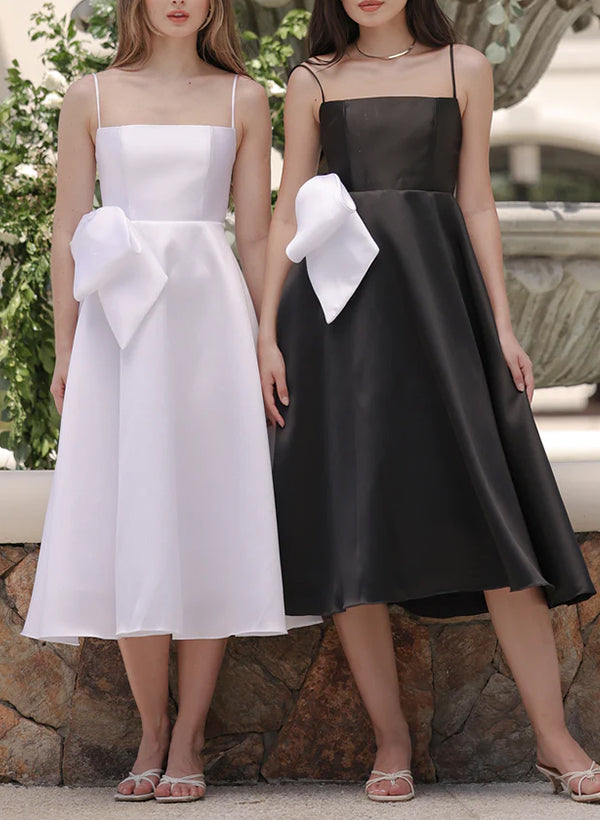 Square Neckline Sleeveless Tea-Length Satin Bridesmaid Dresses With Bows