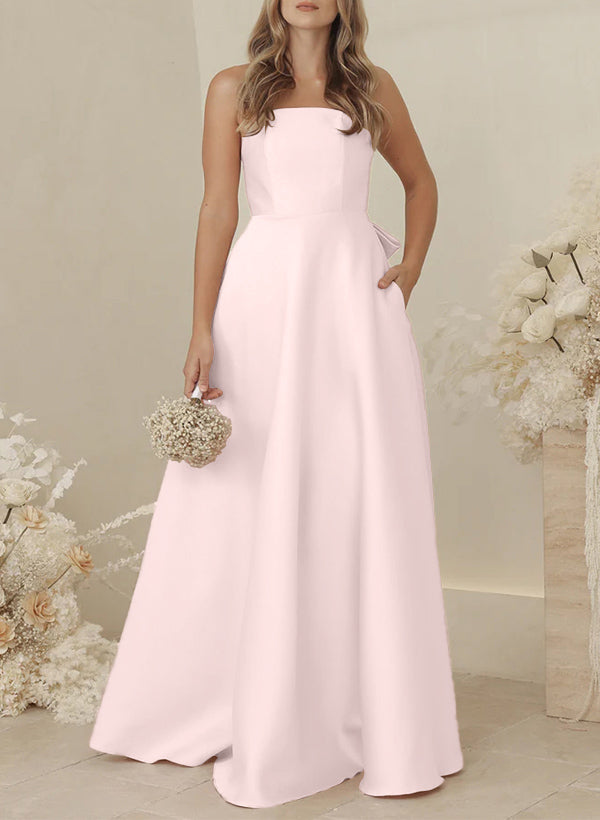 A-Line Strapless Sleeveless Sweep Train Satin Bridesmaid Dresses With Bows and Pockets