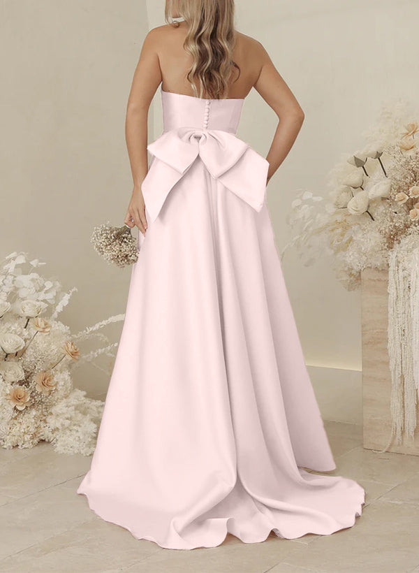 A-Line Strapless Sleeveless Sweep Train Satin Bridesmaid Dresses With Bows and Pockets