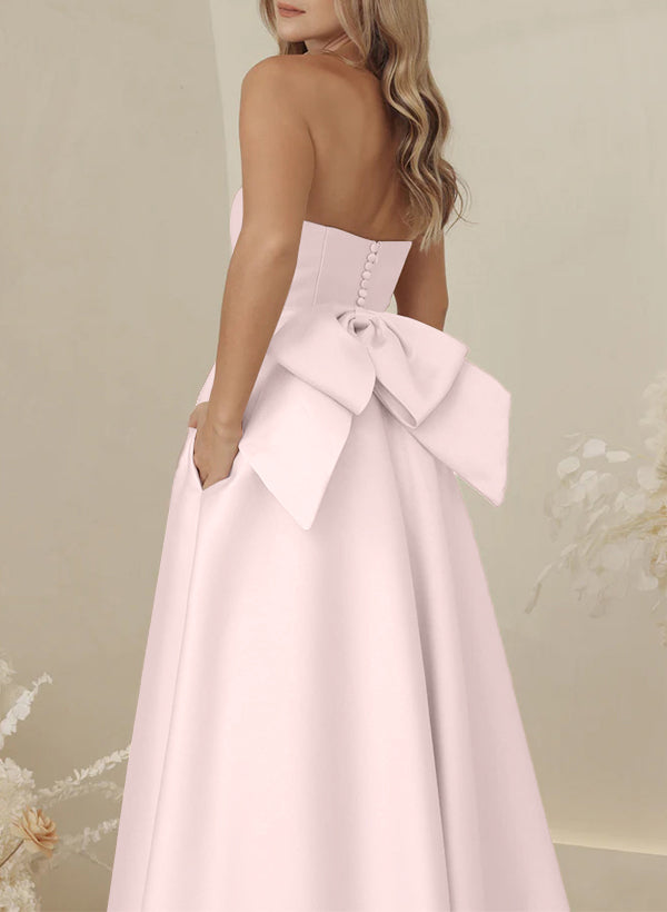 A-Line Strapless Sleeveless Sweep Train Satin Bridesmaid Dresses With Bows and Pockets