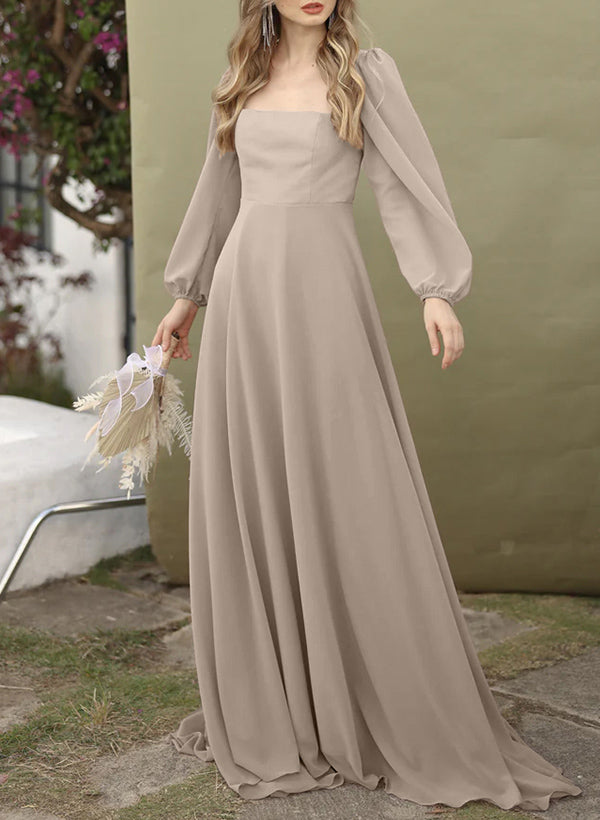 A-Line Square Neckline Long Sleeves Sweep Train Chiffon Bridesmaid Dresses