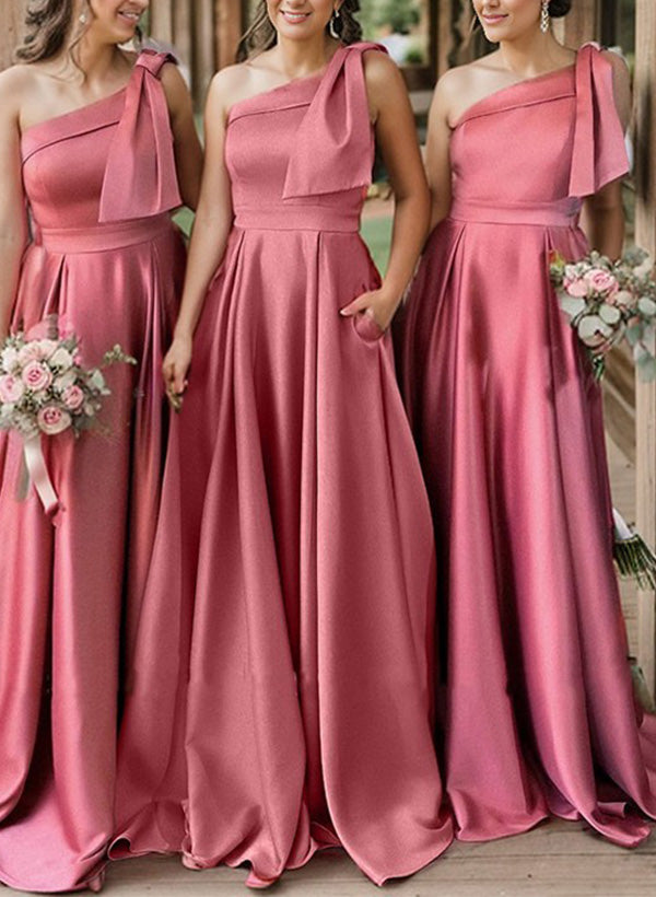 A-Line One Shoulder Sleeveless Satin Bridesmaid Dresses With Bows