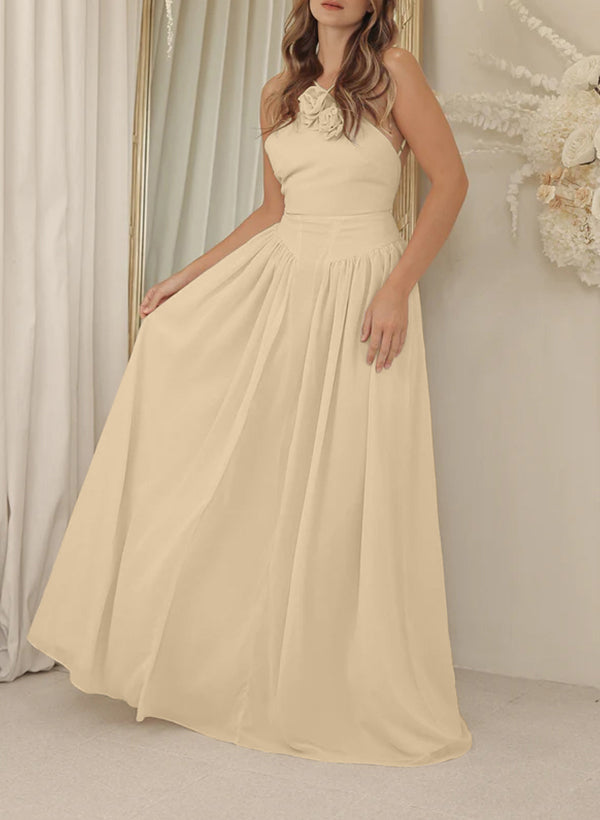 Sleeveless Halter A-Line Chiffon Bridesmaid Dresses Floor-Length With Flowers