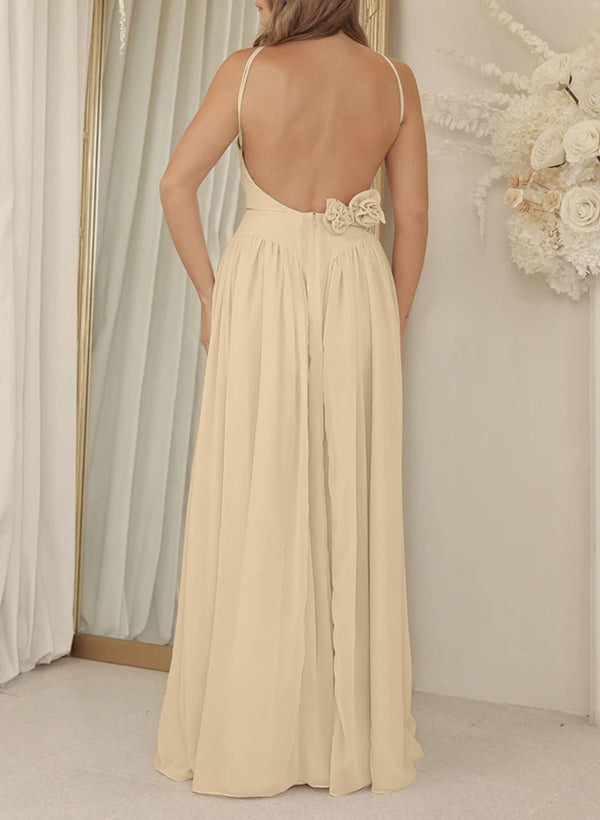 Sleeveless Halter A-Line Chiffon Bridesmaid Dresses Floor-Length With Flowers