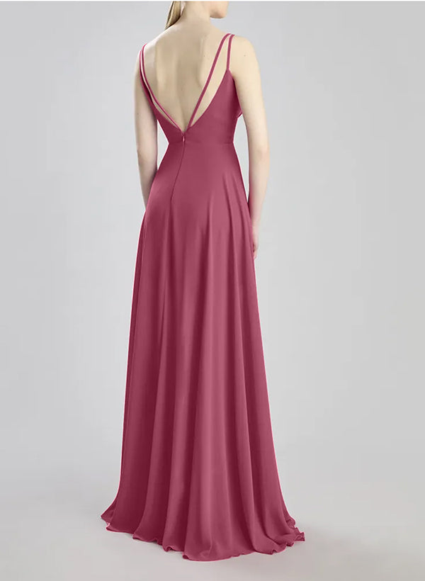 A-Line V-Neck Sleeveless Chiffon Bridesmaid Dresses High Split