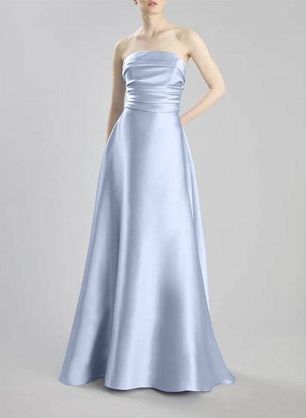 A-Line Strapless Sleeveless Floor-Length Satin Bridesmaid Gowns