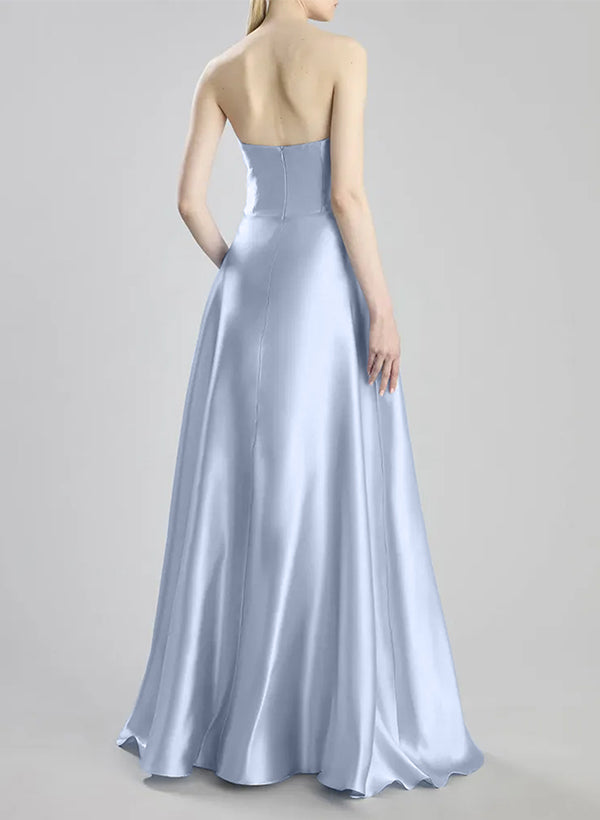 A-Line Strapless Sleeveless Floor-Length Satin Bridesmaid Gowns