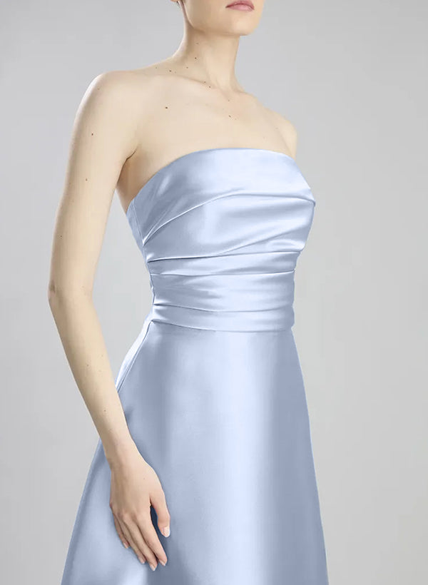 A-Line Strapless Sleeveless Floor-Length Satin Bridesmaid Gowns