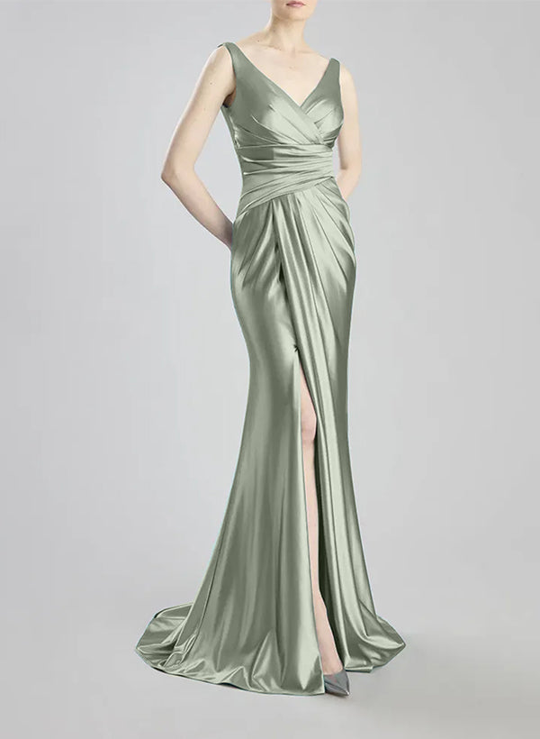 V-Neck Silk Like Satin Bridesmaid Dresses With High Split