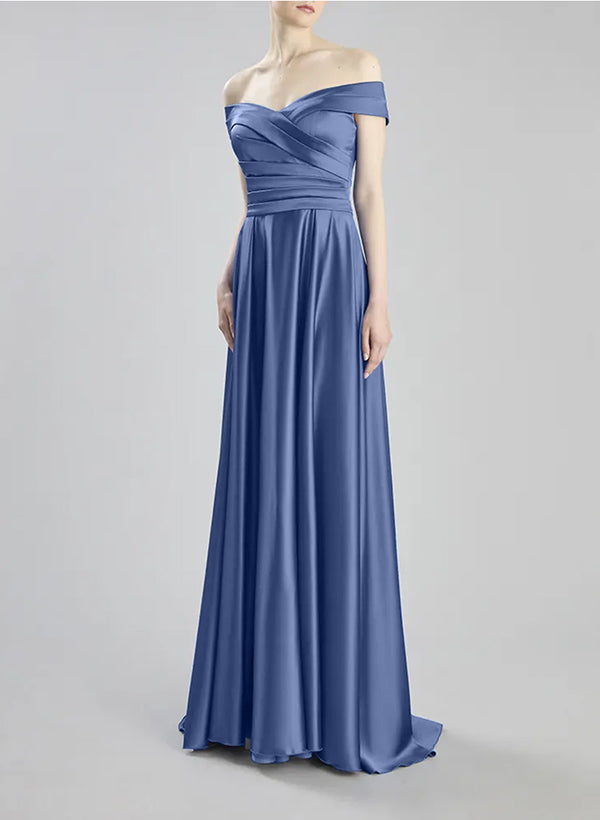 Off-The-Shoulder Sleeveless A-Line Bridesmaid Dresses with Sweep Train in Silk Like Satin