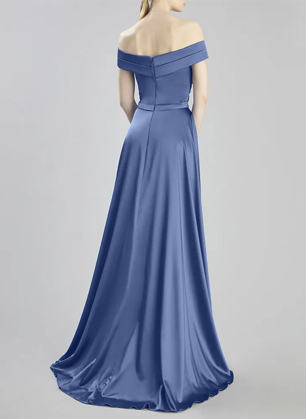 Off-The-Shoulder Sleeveless A-Line Bridesmaid Dresses with Sweep Train in Silk Like Satin