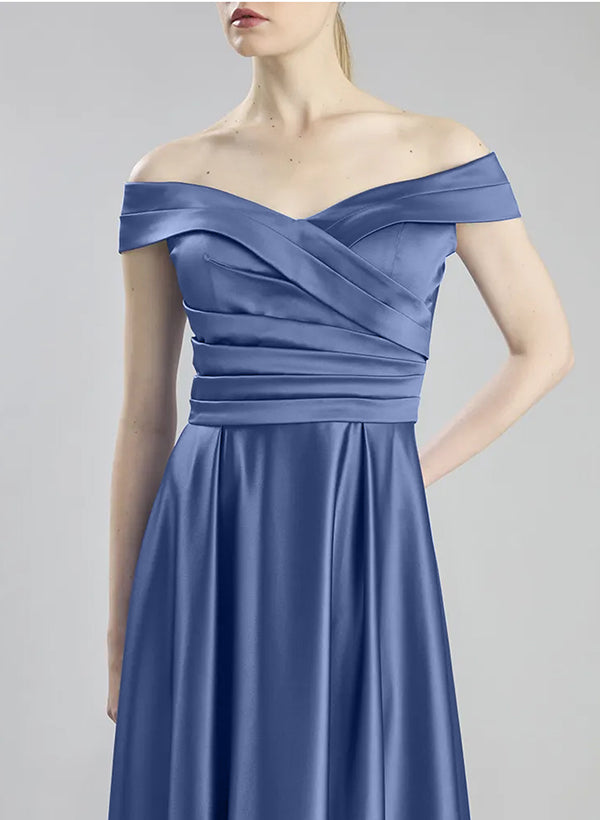 Off-The-Shoulder Sleeveless A-Line Bridesmaid Dresses with Sweep Train in Silk Like Satin