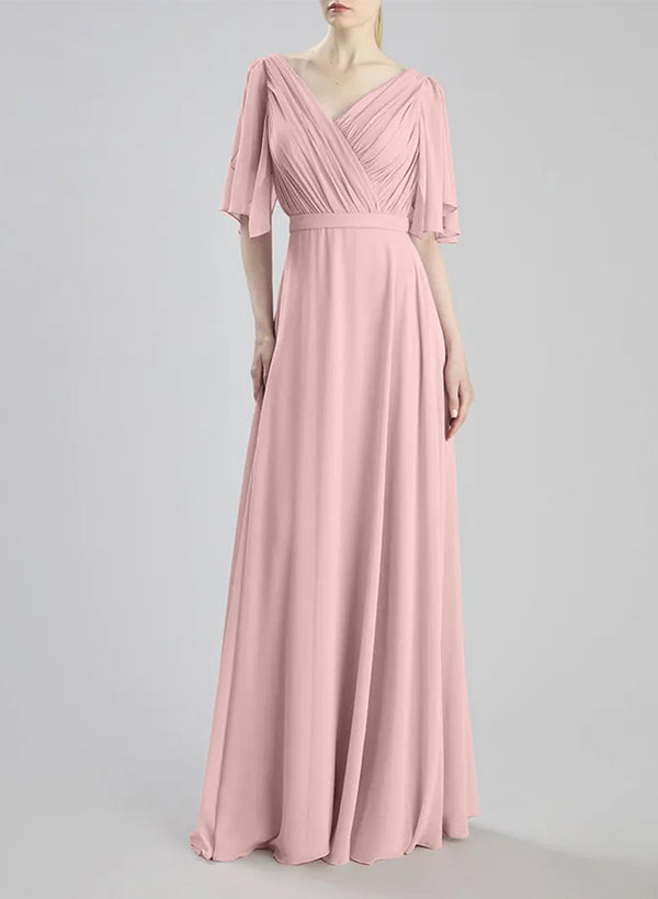 Chiffon Bridesmaid Dresses with A-Line V-Neck and 1/2 Sleeves Floor-Length