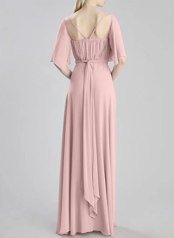 Chiffon Bridesmaid Dresses with A-Line V-Neck and 1/2 Sleeves Floor-Length