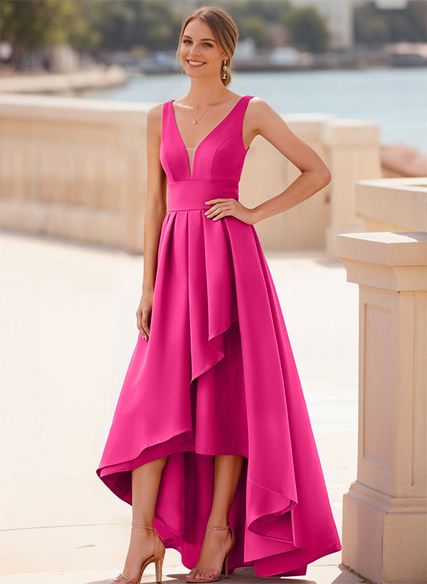 Sleeveless Floor-Length Satin Bridesmaid Dresses with A-Line V-Neck