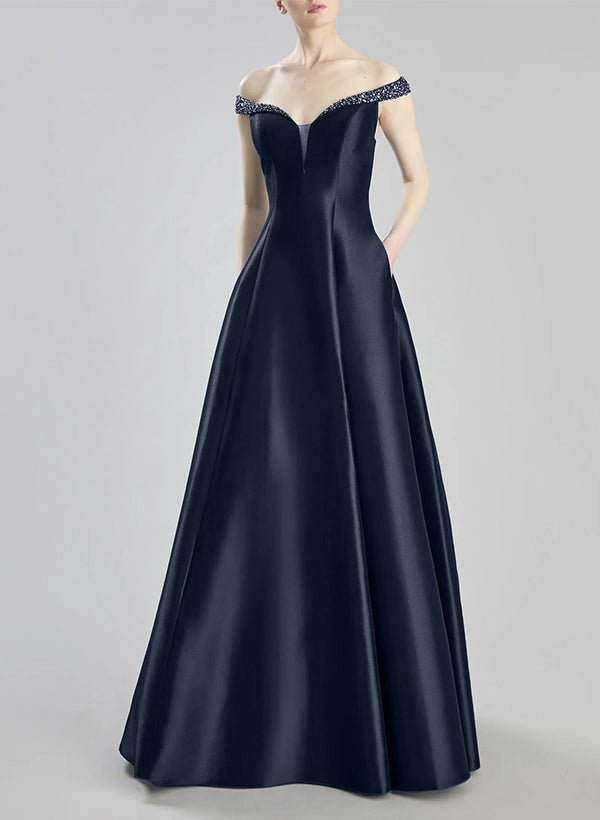 A-Line Off-The-Shoulder Sleeveless Satin Bridesmaid Dresses With Pockets