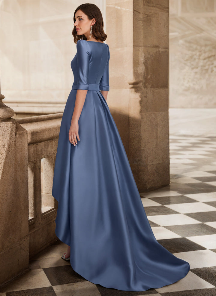 Satin Bridesmaid Dress with A-Line V-Neck 1/2 Sleeves and Sweep Train