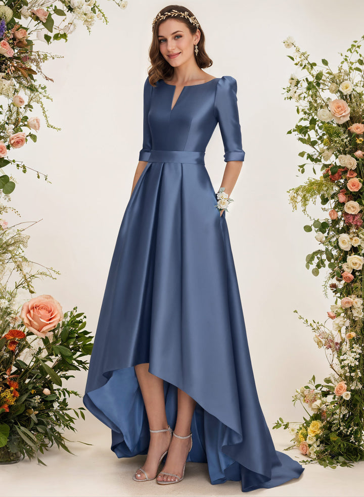 Satin Bridesmaid Dress with A-Line V-Neck 1/2 Sleeves and Sweep Train