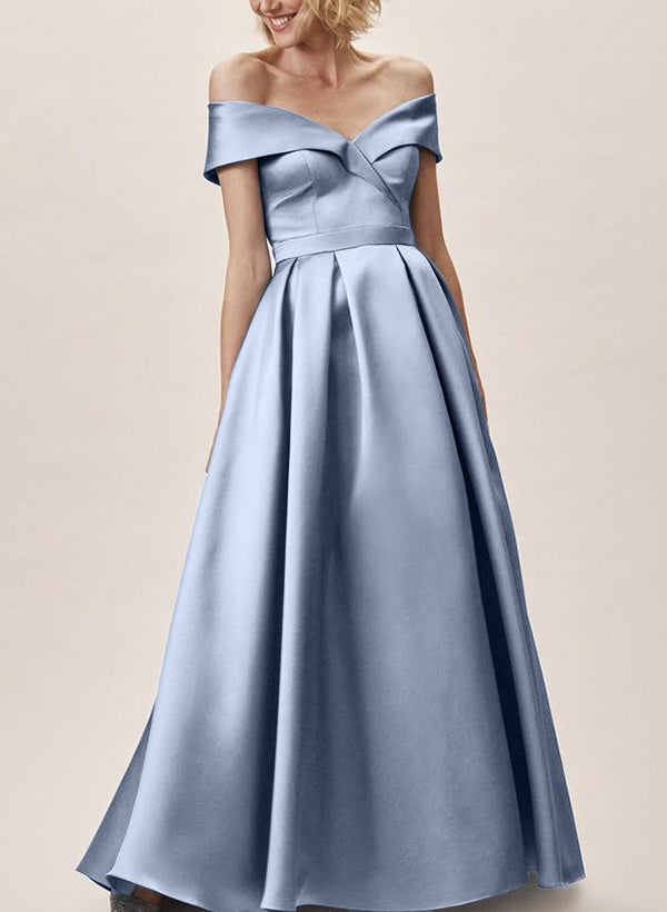 Off-The-Shoulder Sleeveless A-Line Satin Bridesmaid Dress with Floor-Length Hem