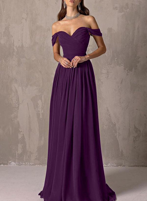 A-Line Off-The-Shoulder Sleeveless Sweep Train Chiffon Bridesmaid Dresses