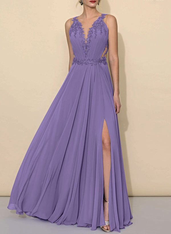 A-Line V-Neck Sleeveless Chiffon Bridesmaid Dresses With Lace and High Split