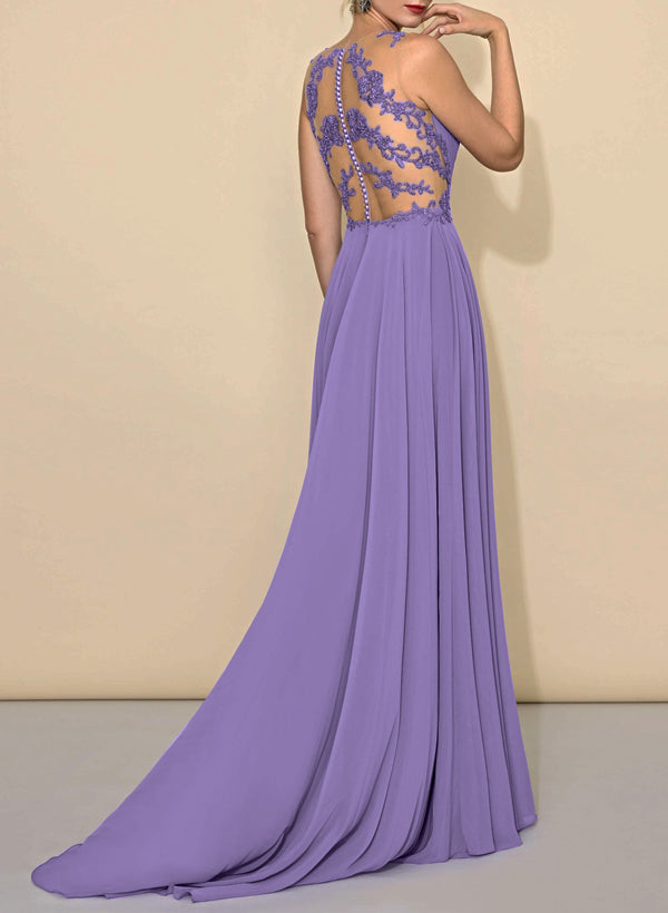 A-Line V-Neck Sleeveless Chiffon Bridesmaid Dresses With Lace and High Split