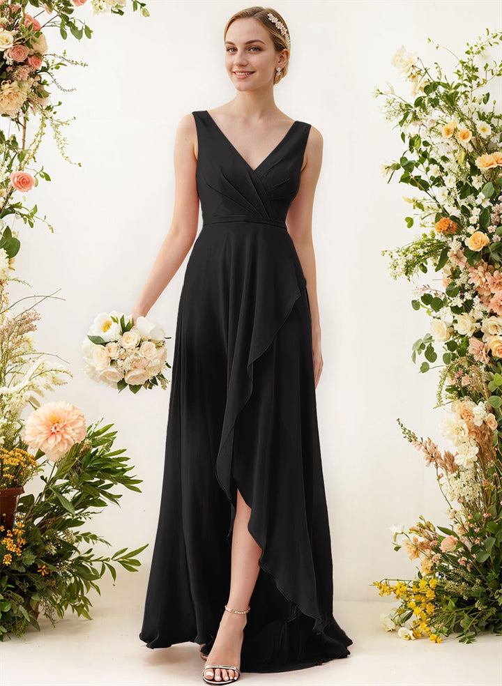 V-Neck Sleeveless A-Line Bridesmaid Dresses With Ruffle Chiffon Regular Straps Asymmetrical