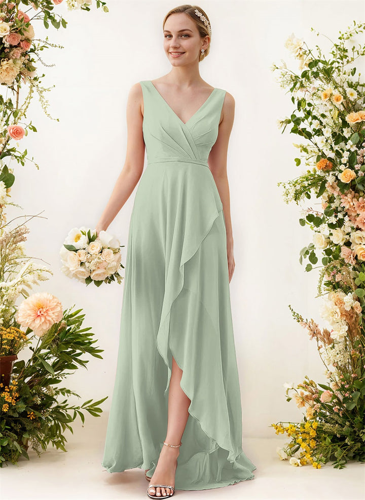 V-Neck Sleeveless A-Line Bridesmaid Dresses With Ruffle Chiffon Regular Straps Asymmetrical