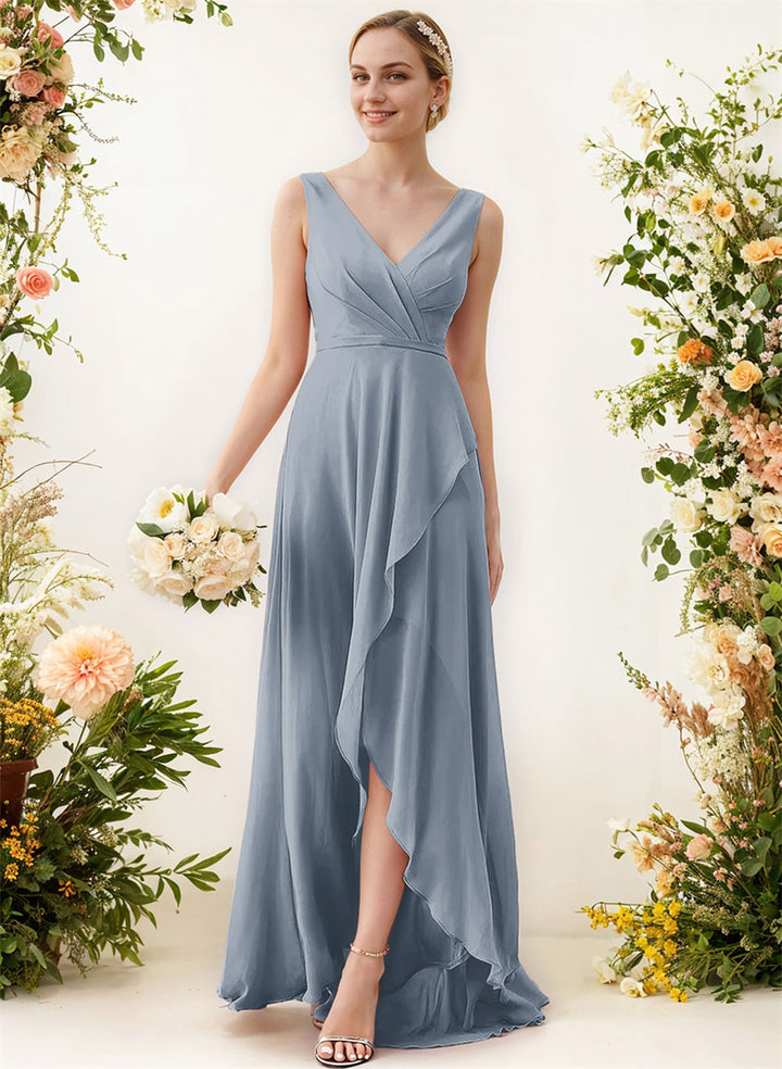 V-Neck Sleeveless A-Line Bridesmaid Dresses With Ruffle Chiffon Regular Straps Asymmetrical