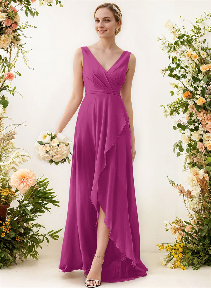 V-Neck Sleeveless A-Line Bridesmaid Dresses With Ruffle Chiffon Regular Straps Asymmetrical