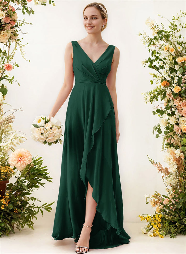 V-Neck Sleeveless A-Line Bridesmaid Dresses With Ruffle Chiffon Regular Straps Asymmetrical