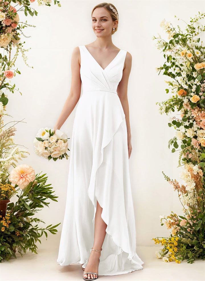 V-Neck Sleeveless A-Line Bridesmaid Dresses With Ruffle Chiffon Regular Straps Asymmetrical