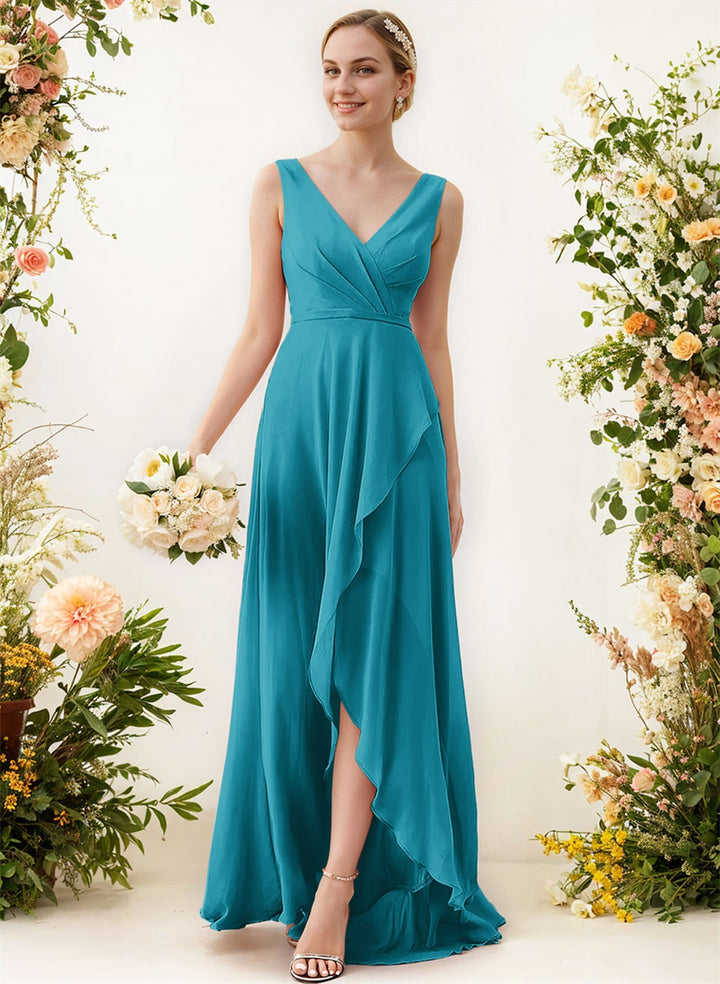 V-Neck Sleeveless A-Line Bridesmaid Dresses With Ruffle Chiffon Regular Straps Asymmetrical