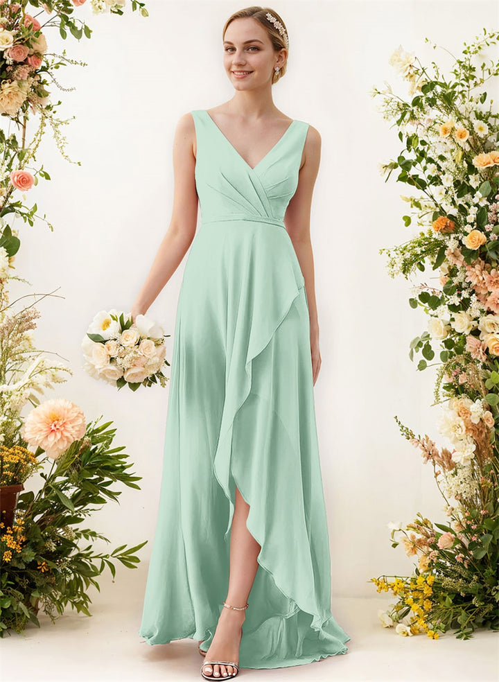 V-Neck Sleeveless A-Line Bridesmaid Dresses With Ruffle Chiffon Regular Straps Asymmetrical