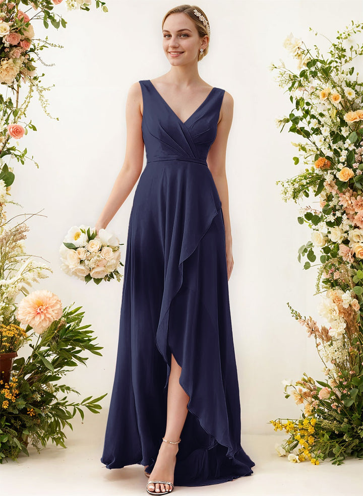 V-Neck Sleeveless A-Line Bridesmaid Dresses With Ruffle Chiffon Regular Straps Asymmetrical